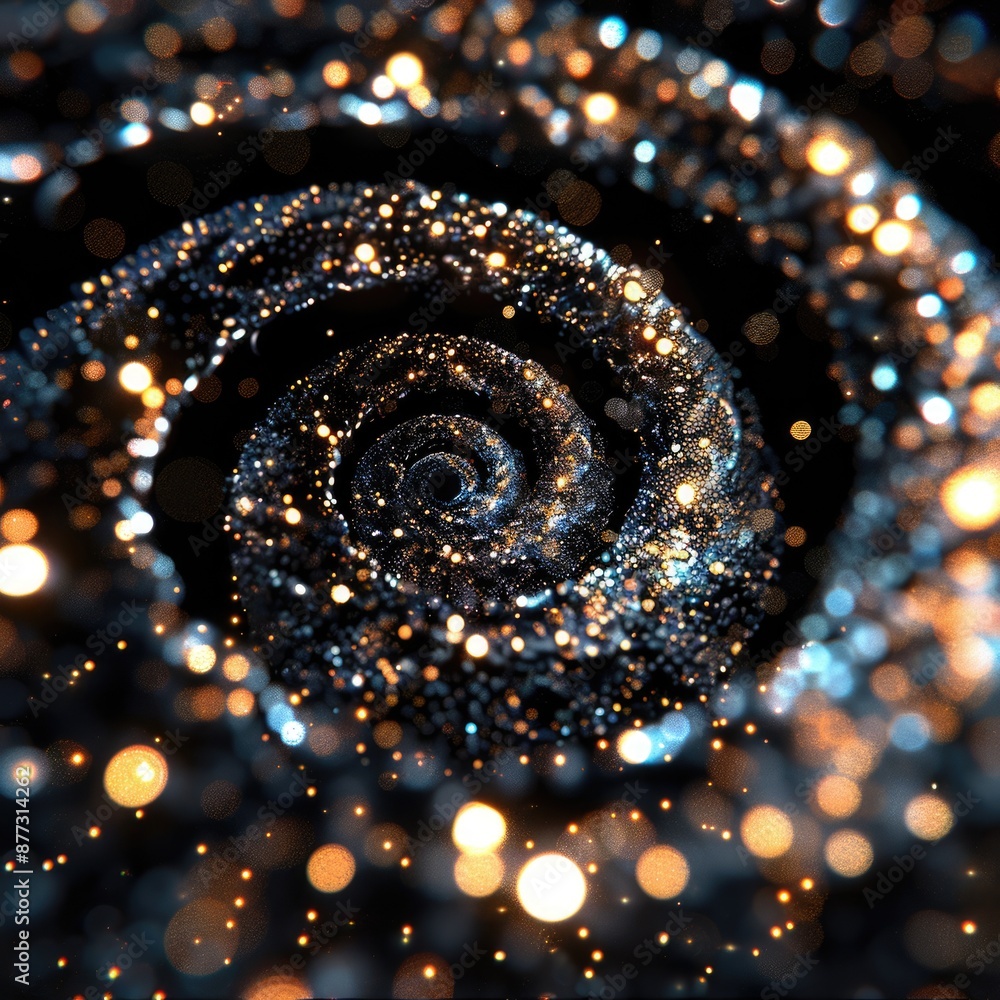 Poster sparkle spiral. three-dimensional black abstract background with bokeh effect