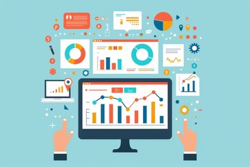 Illustration of digital data analysis with graphs and charts on multiple screens, showcasing business analytics and performance metrics.