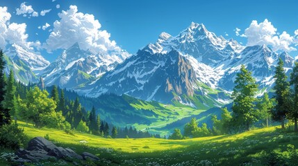 Obraz premium A Cartoonish Alpine Adventure with a Cartoonish Twist in the Scenic Swiss Landscape.