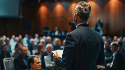 Speaker addressing a hybrid event audience through video conferencing 
