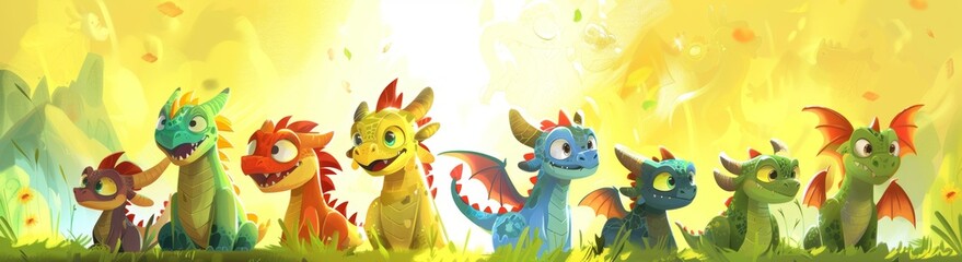 Obraz premium Children's cartoons showing dragons and dinosaurs as friends, sharing joyful moments and playing together.