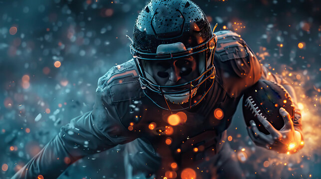 Dynamic Action Shot of Professional American Football Player in Intense Game Moment