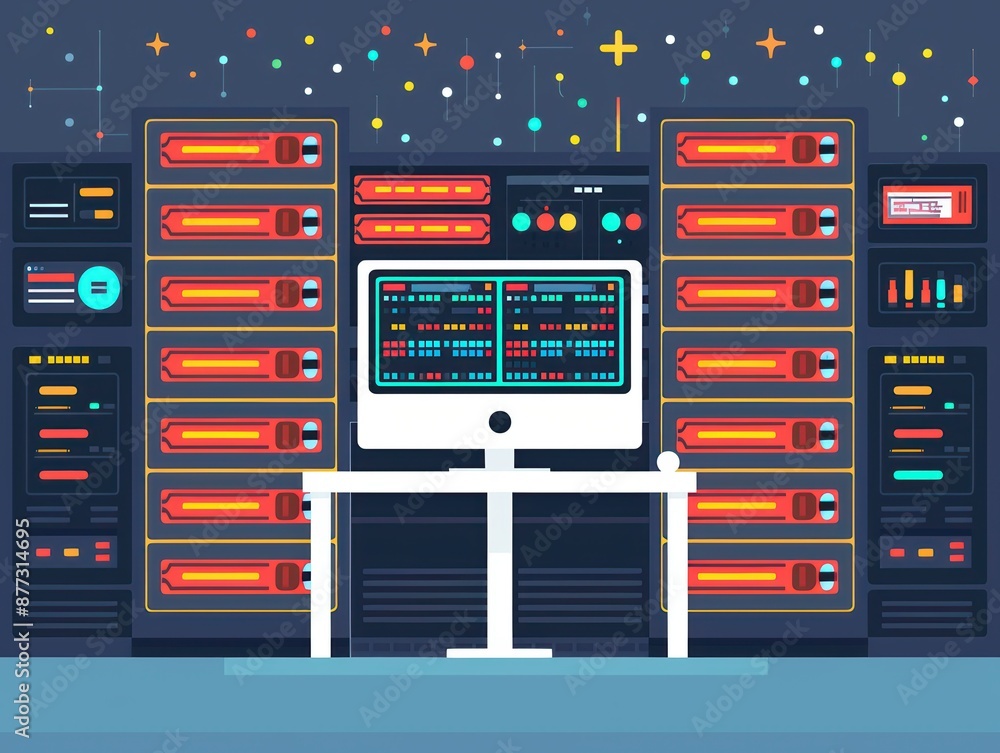 Poster illustration of a data center with servers and a central computer, showcasing technology and digital