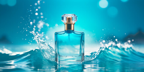 perfume bottle on the background of blue waves sea freshness