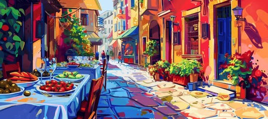Fototapeta premium Mediterranean Street Cafe with Fresh Salad and Colorful Facade - Perfect for Summer Vacation Posters