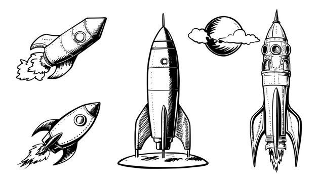 Set of rockets sketch illustration in black white,  generative ai