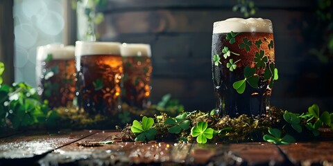 St Patricks Day celebration with Irish stout moss clover and revelers. Concept St Patrick's Day, Irish Stout, Moss Clover, Revelers, Celebration