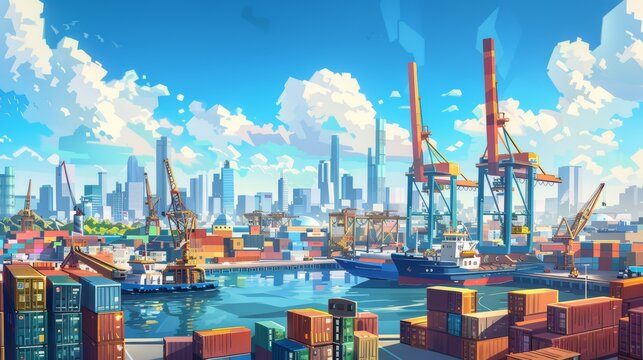 An animated port town transformed a bustling harbor, with ships of all sizes docking and dockworkers loading and unloading cargo at all times.