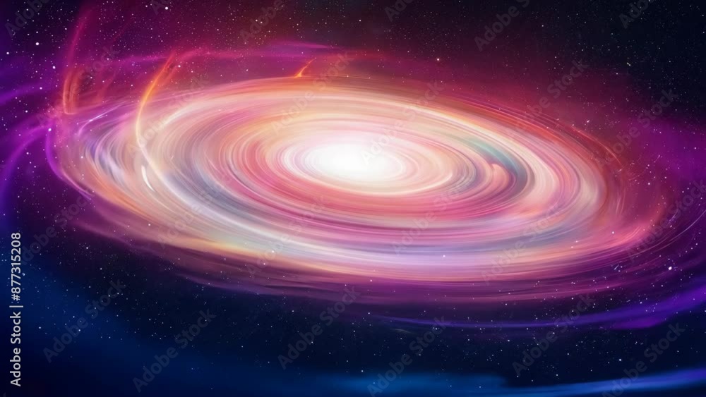 Poster vibrant spiral galaxy with glowing center slowly rotating in deep outer space, creating a mesmerizin