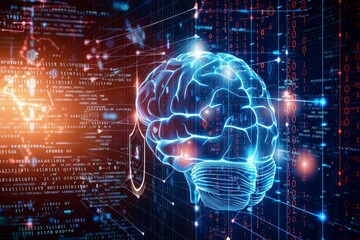 Fototapeta premium a human brain juxtaposed with a holographic AI brain, both connected by a stream of light, with a shield symbol indicating protection on one side and abstract light rays indicating benefits on the oth