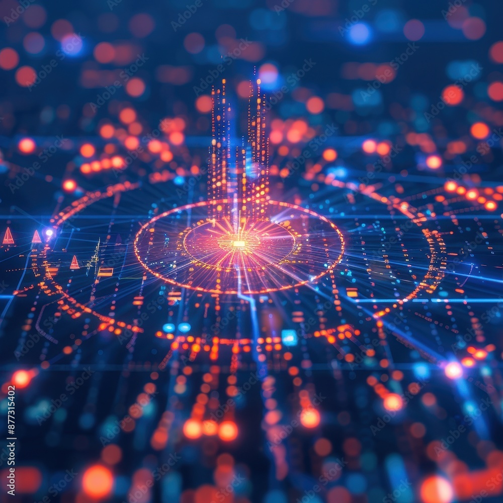 Aufkleber futuristic cityscape with glowing neon lights and data particles, representing advanced technology, 