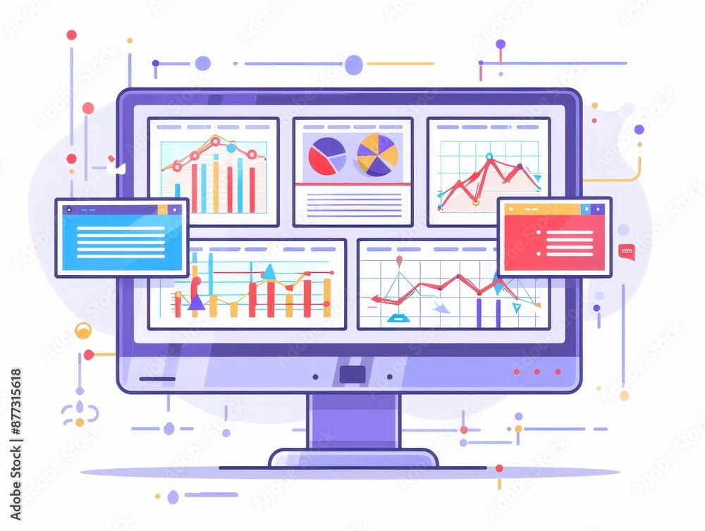 Fototapete Digital dashboard with analytical graphs and charts on a computer monitor, showcasing data visualization and business analytics.