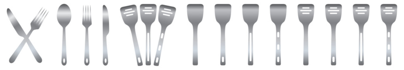 Fork, knife, spoon and plate Stainless Steel set icons.