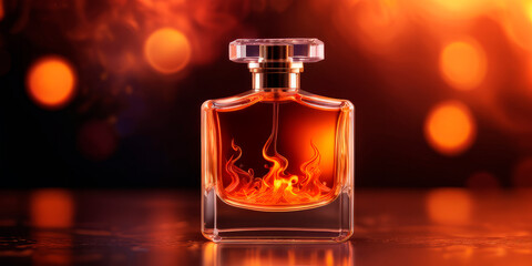 a bottle of perfume on a background of fire heat