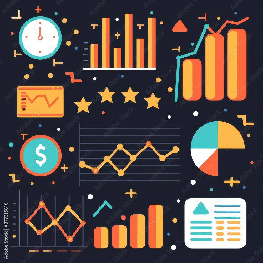Poster colorful infographic elements including bar charts, pie charts, and data visualizations on a dark ba