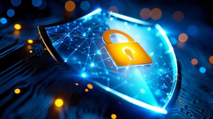 A bright shield with a lock icon, symbolizing cybersecurity and secure access