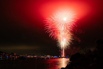 Bight colorful fireworks burst over Marina del Rey for LA County's Fourth of July Celebration.