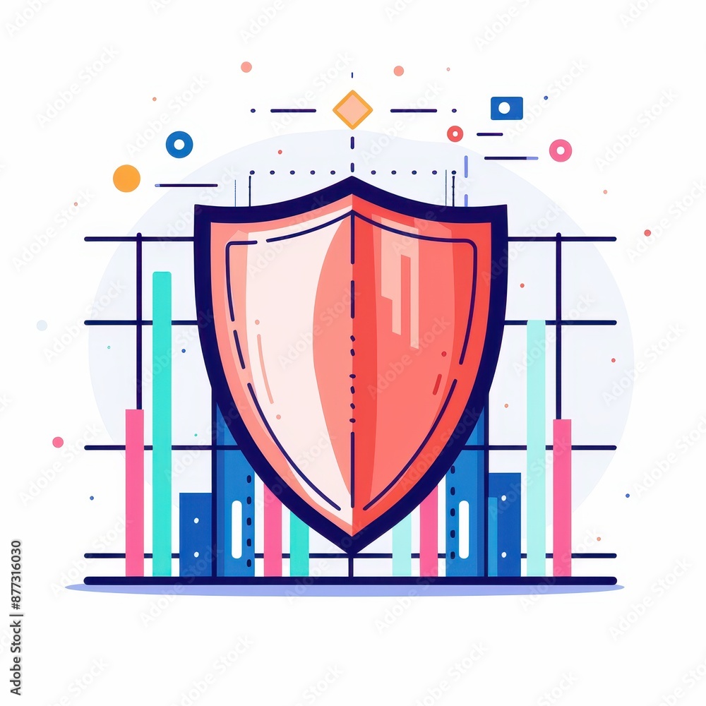 Poster colorful illustration of a shield with data graphs, representing cybersecurity and data protection, 