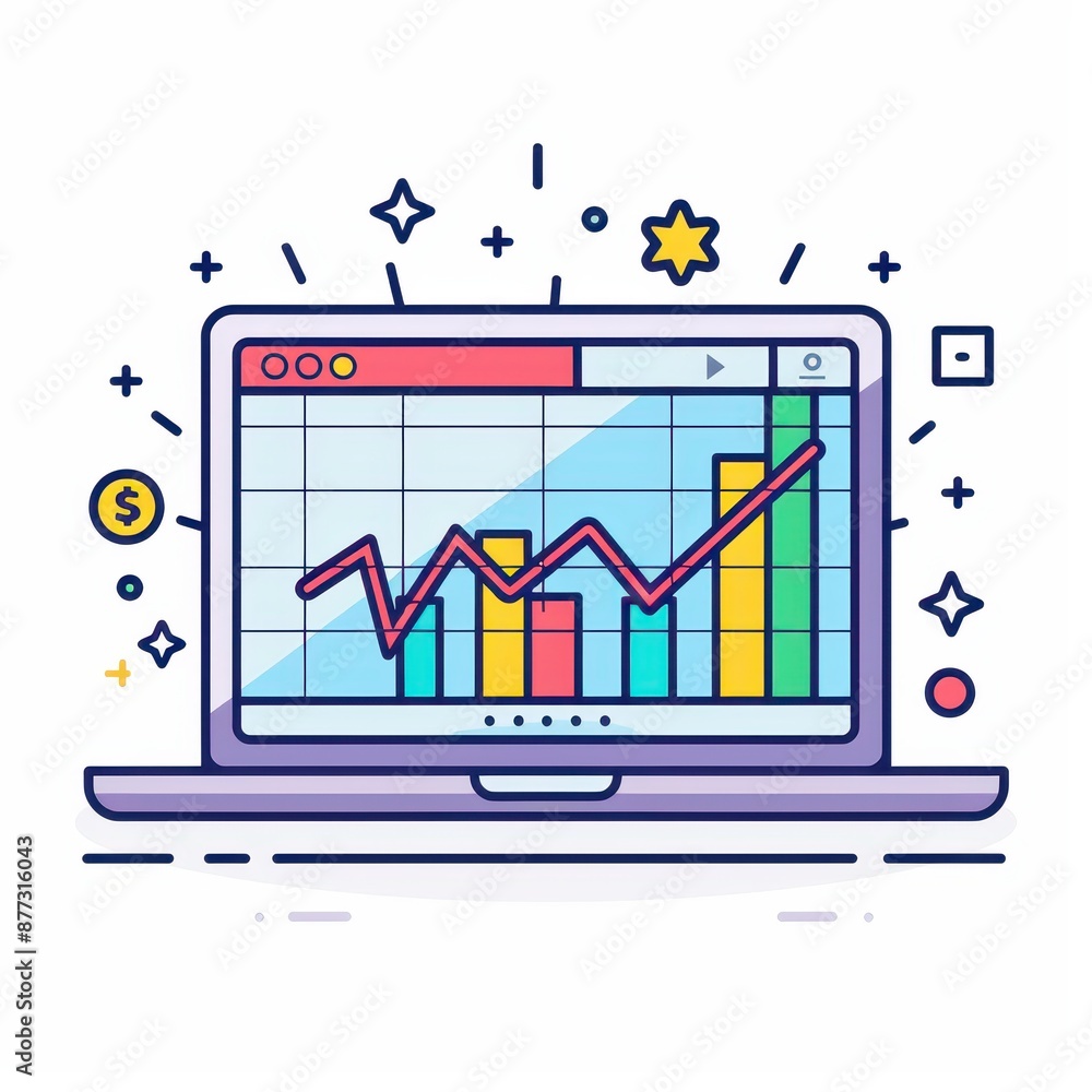 Fototapete colorful graph on a laptop screen showing rising statistics and data analysis in a modern flat desig
