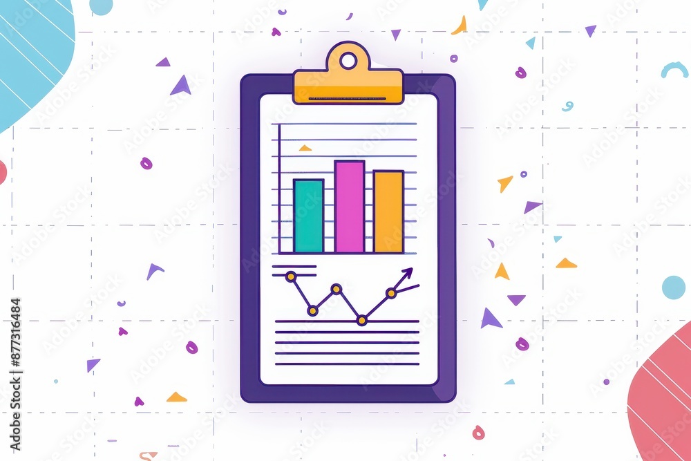 Poster Colorful clipboard with bar graph and line chart, representing business data analysis and statistics on geometric background.