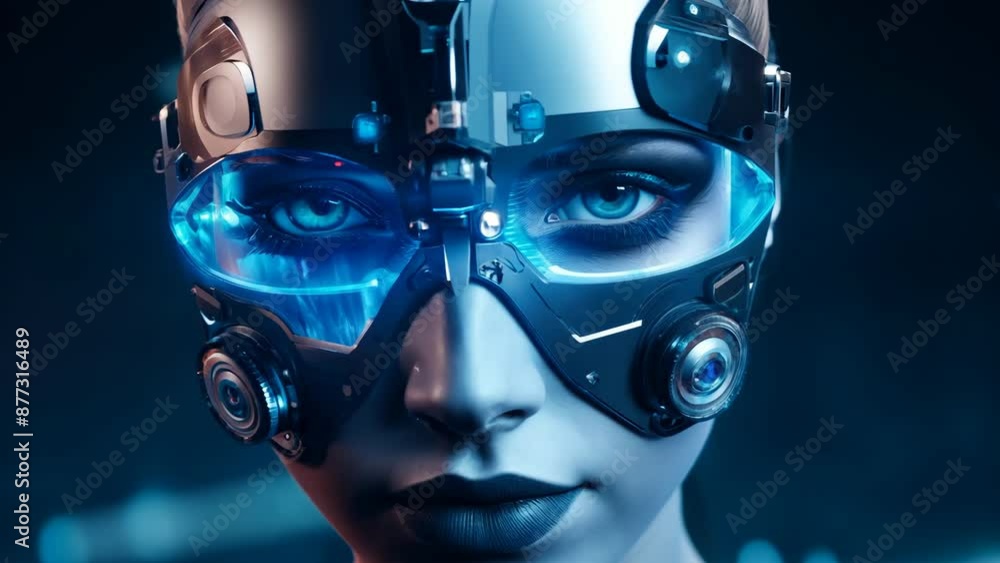 Poster cyborg woman uses advanced technology goggles to analyze data in a futuristic setting. blue light an