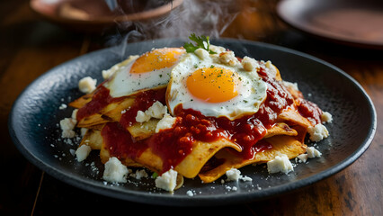 Authentic Mexican Chilaquiles with Sunny Side Up Eggs, Red Salsa, and Cotija Cheese