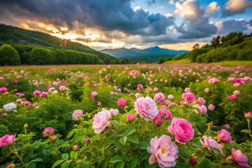 Obraz premium A meadow of wild roses in a secluded, peaceful area, generative ai