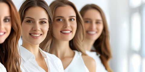 Obraz premium Professional group of businesswomen in office demonstrating unity teamwork and professionalism. Concept Office Teamwork, Professional Women, Unity in Business, Group Portraits