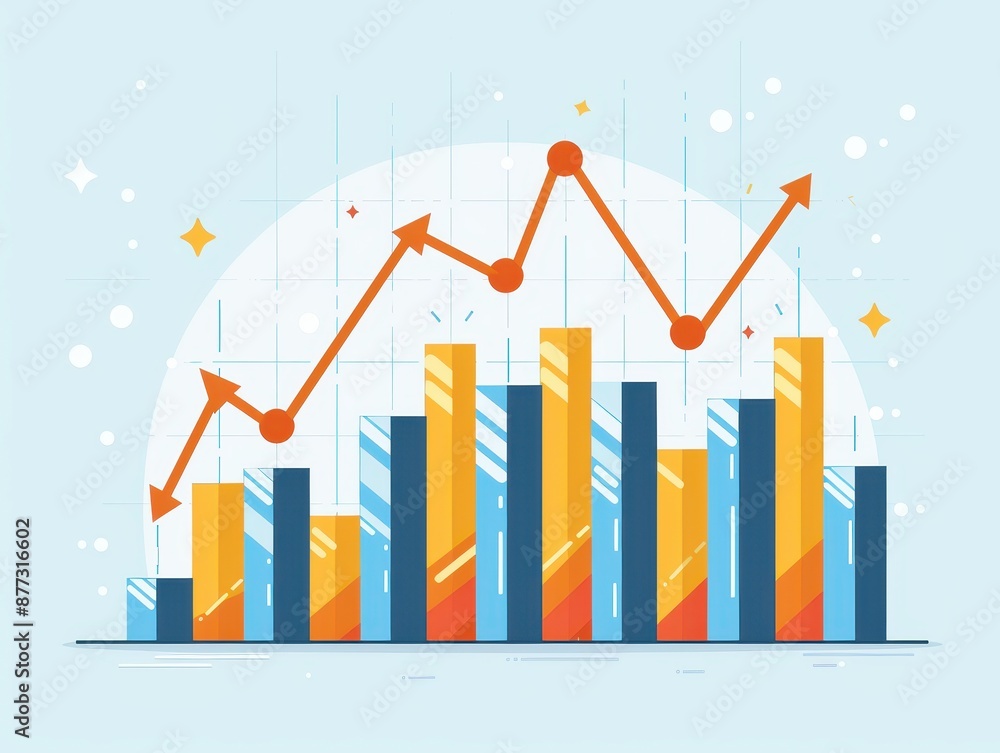 Poster colorful bar graph and line chart on a light blue background depicting data analysis and business gr