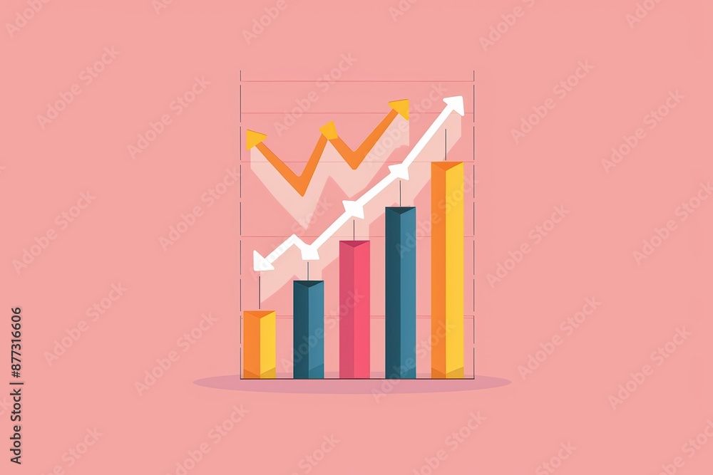 Poster colorful bar and line graph illustration on a pink background, representing data analysis, growth, a