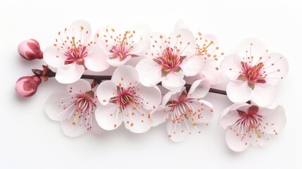 Spread a few cherry plum flowers evenly on a white background