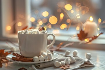 Obraz premium Cozy autumn scene with a cup of hot chocolate topped with marshmallows by a window, surrounded by cinnamon sticks and warm bokeh lights.