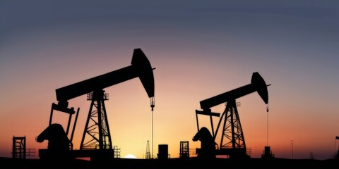black silhouettes of oil rigs at sunset