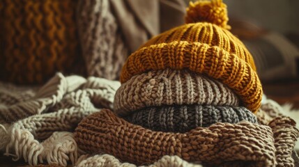 Obraz premium Cozy winter collection of knitted woolen hats and scarves in warm tones. Perfect for chilly weather and staying stylishly warm outdoors.