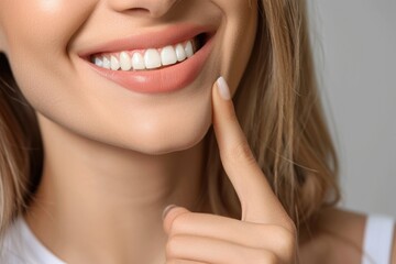 Fototapeta premium Gum Treatment. Adult woman demonstrating healthy gums on grey background, closeup