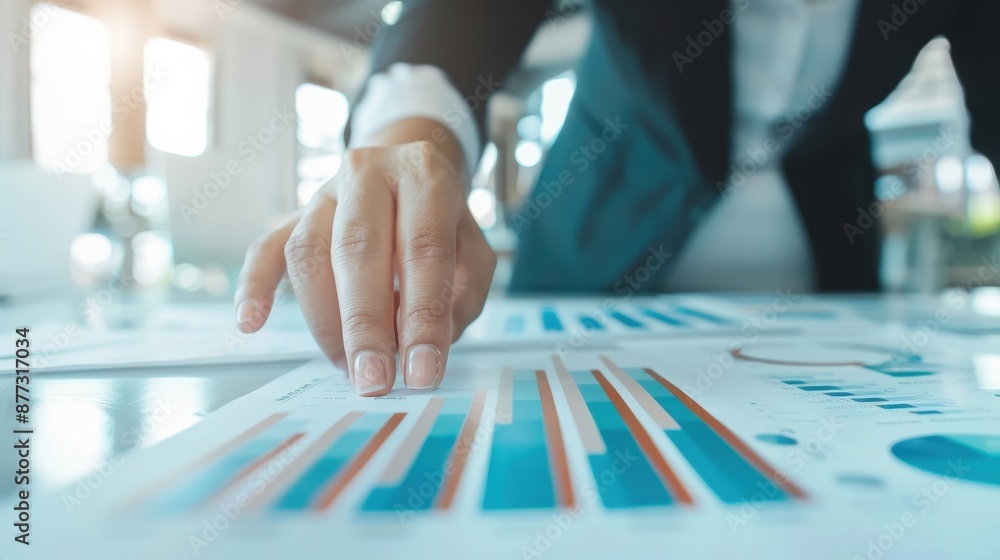 Poster close-up of a business professional analyzing financial charts and graphs in a modern office setting