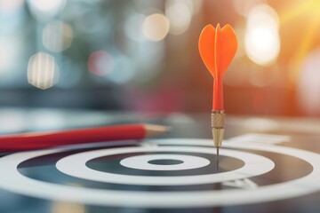 Fototapeta premium Close-up of a dart hitting the bullseye on a dartboard, symbolizing precision, focus, and achievement. Blurred background with warm sunlight.