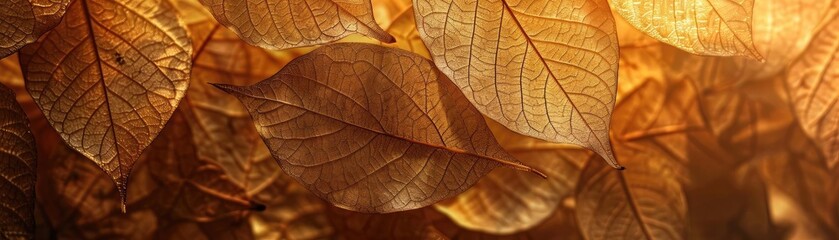 Fototapeta premium A close-up of beautifully lit autumn leaves, showcasing their intricate details and warm golden hues, perfect for seasonal and nature themes.
