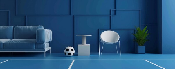 Fototapeta premium Modern living room interior with football field carpet and soccer ball