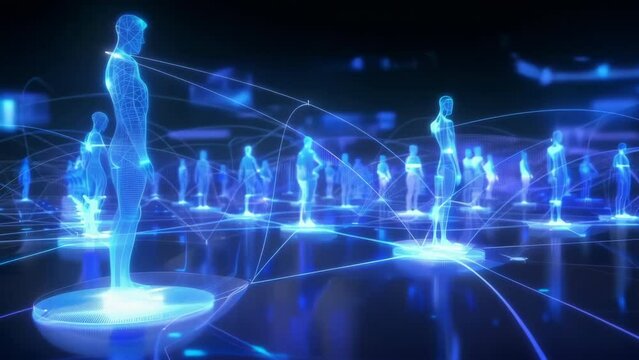 A futuristic digital representation of human-like figures connected in a network, symbolizing data connections and artificial intelligence.