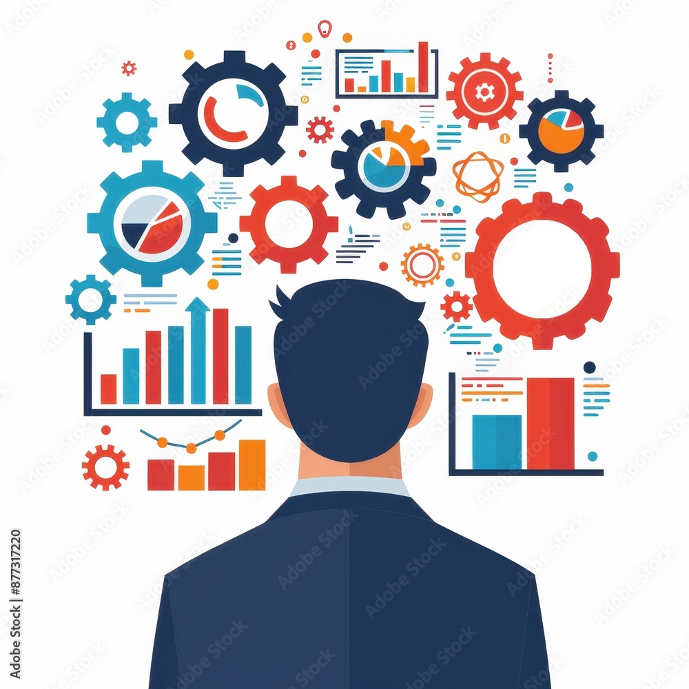 Poster Businessman analyzing various data visualizations involving charts, graphs, and gears, symbolizing analytics and information processing.