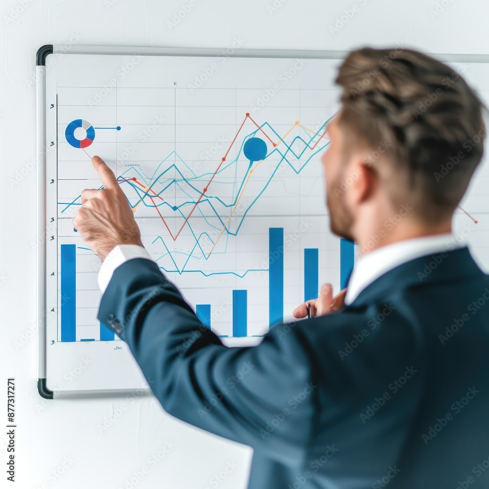 Poster Businessman analyzing financial graphs and charts on a whiteboard, discussing data and performance metrics in a corporate setting.