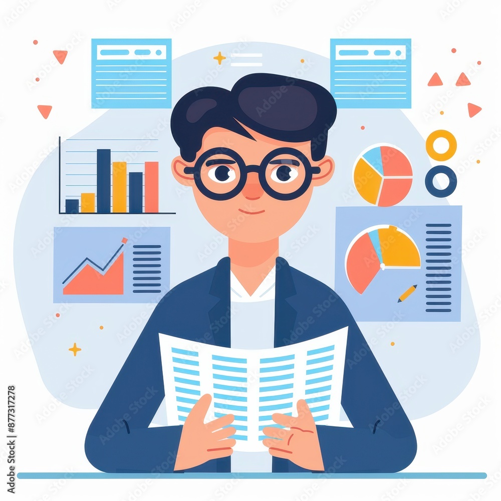 Poster Businessman analyzing financial documents with charts and graphs. Professional office setting with statistical data and report papers.