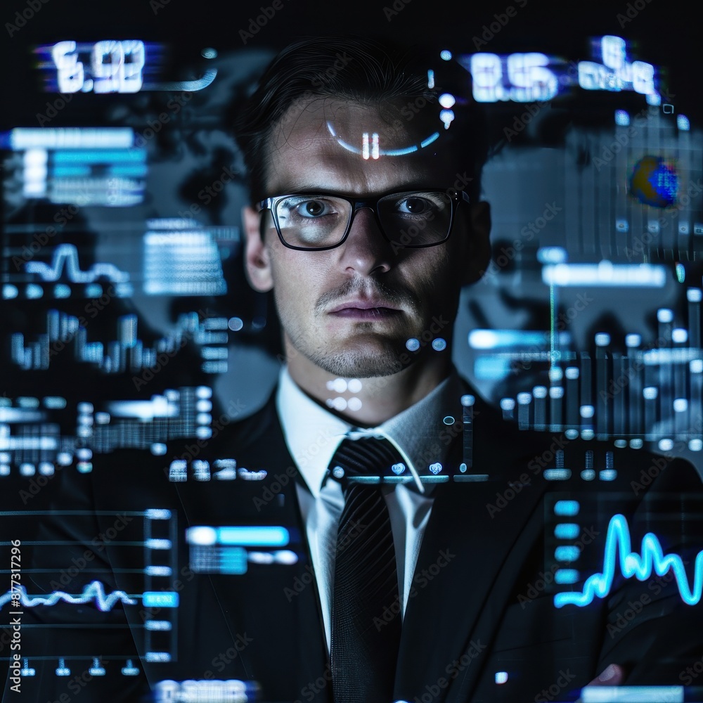 Poster businessman analyzing financial data on interactive screen, wearing a suit and glasses, surrounded b