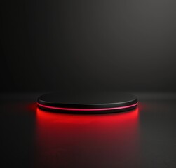 Minimalist black podium with red light illumination on dark background