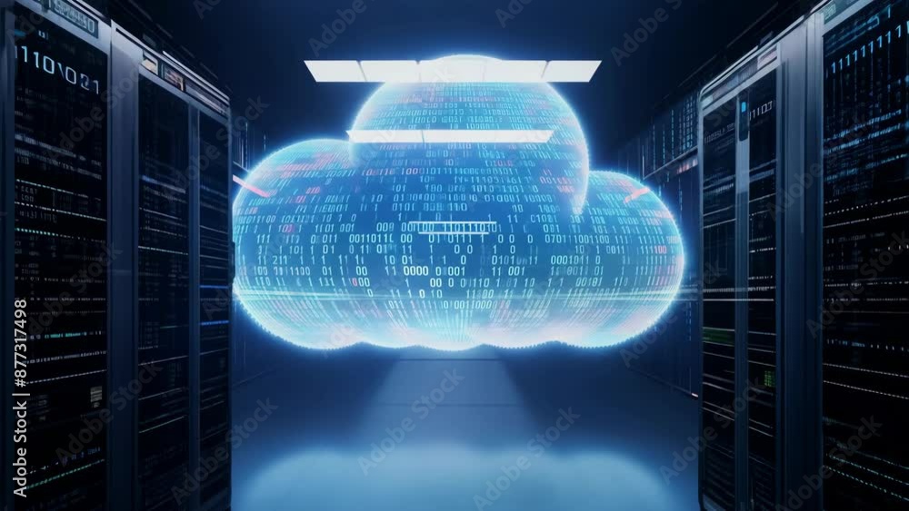 Poster experience a futuristic server room with holographic cloud forms, showcasing data transfer and digit
