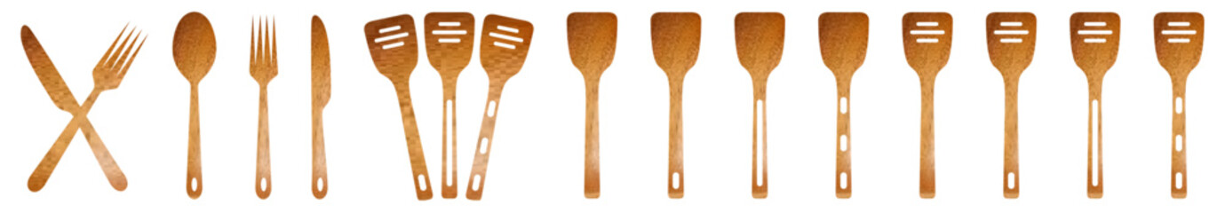 Fork, knife, spoon and plate Wooden set icons.
