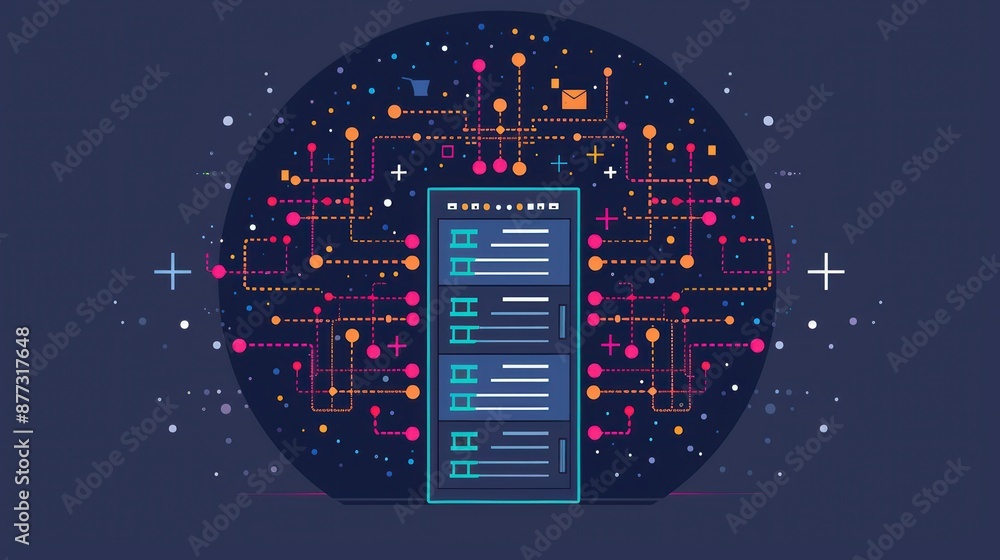 Poster Abstract illustration of data server connections, showcasing network technology, data management, and digital infrastructure.