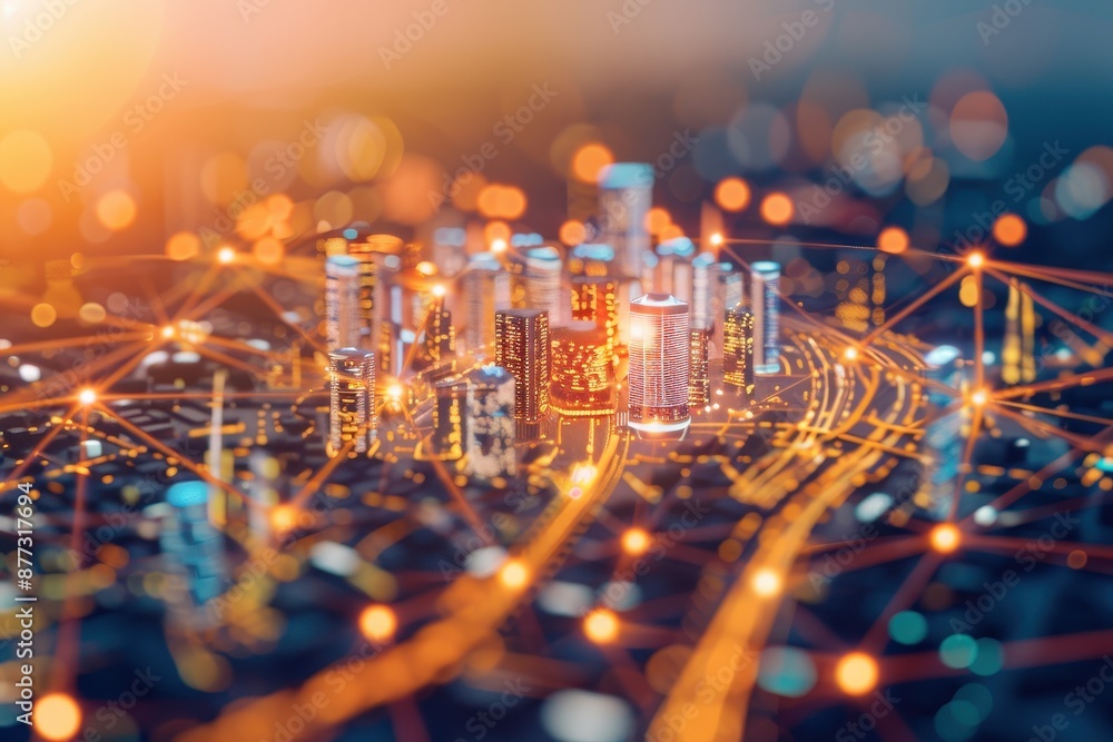 Poster abstract image representing a futuristic smart city with glowing lights and a vibrant network of con
