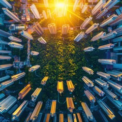 Aerial view of a dense urban cityscape surrounding a central green park at sunset, highlighting the contrast between nature and modern architecture.